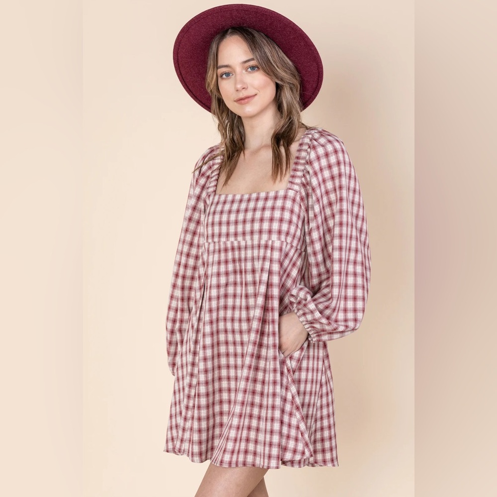 REVEROF Plaid Babydoll Dress With Smocking Back Detail,NWT